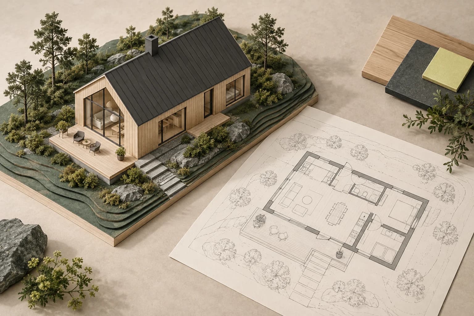 Arkitektonisk illustrasjon av en trebolig på en terrengmodell ved siden av en plantegning